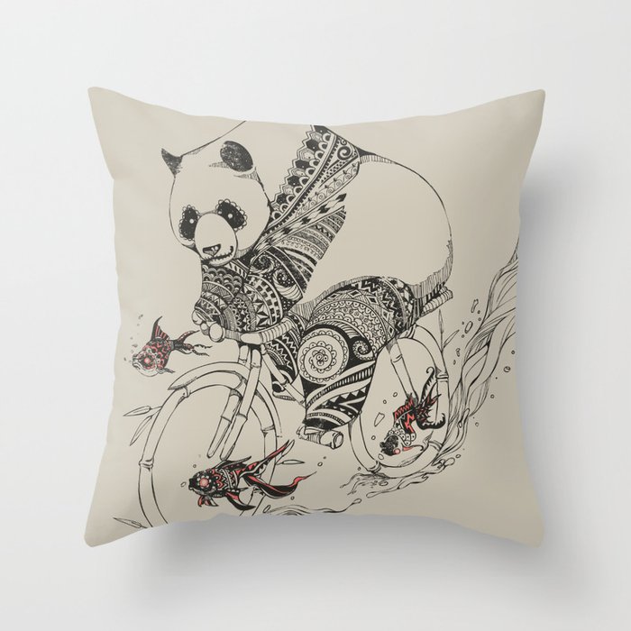 Panda and Follow Fish Throw Pillow