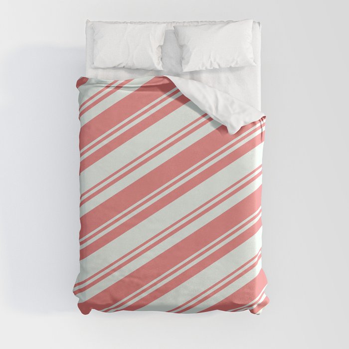Mint Cream & Light Coral Colored Striped/Lined Pattern Duvet Cover