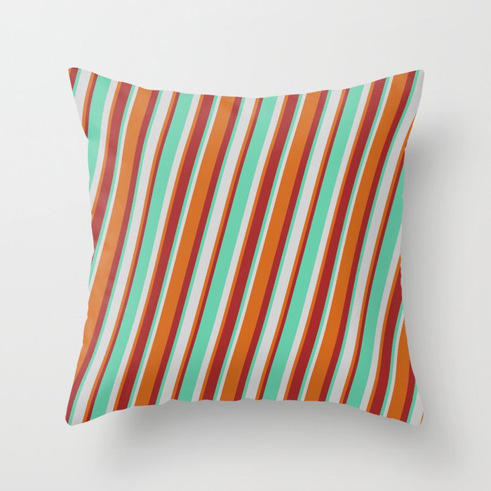 Aquamarine, Light Grey, Chocolate & Brown Colored Striped/Lined Pattern Throw Pillow