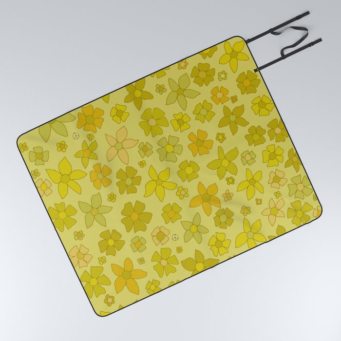 retro flower vintage vibes 70s mustard yellow by surfy birdy Picnic Blanket