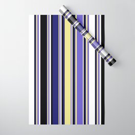 [ Thumbnail: Colorful Midnight Blue, Tan, Slate Blue, White, and Black Colored Lined/Striped Pattern Wrapping Paper ]
