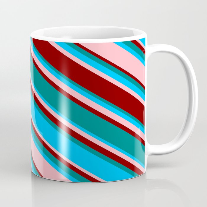 Teal, Deep Sky Blue, Light Pink, and Maroon Colored Striped Pattern Coffee Mug
