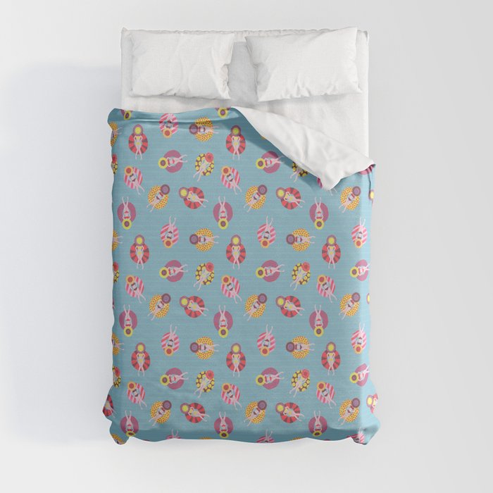 Floating in the Pool Pattern. Women on colorful floaties. Duvet Cover