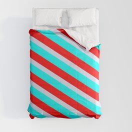 [ Thumbnail: Lavender, Cyan & Red Colored Striped Pattern Comforter ]