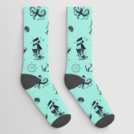 Mint Blue And Blue Silhouettes Of Vintage Nautical Pattern Socks