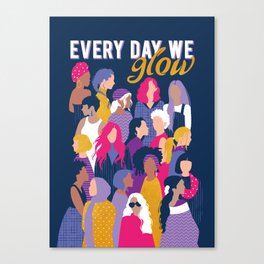 Every day we glow International Women's Day // midnight navy blue background purple, violet, very peri fuchsia pink and gold humans  Canvas Print