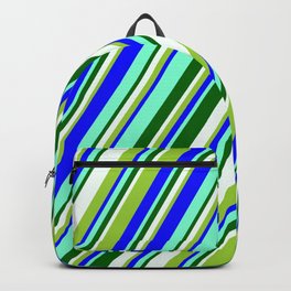 [ Thumbnail: Eyecatching Green, Blue, Aquamarine, Dark Green, and Mint Cream Colored Stripes Pattern Backpack ]
