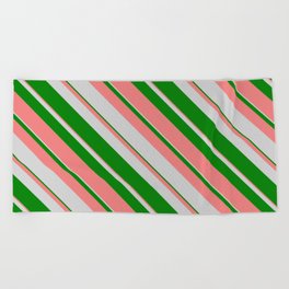 [ Thumbnail: Light Grey, Green & Light Coral Colored Lines/Stripes Pattern Beach Towel ]