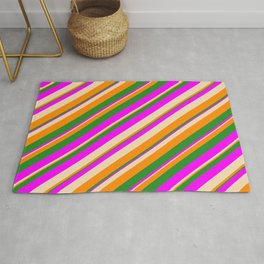 [ Thumbnail: Tan, Dark Orange, Forest Green, and Fuchsia Colored Striped Pattern Rug ]