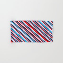 [ Thumbnail: Eyecatching Sky Blue, Dark Red, Deep Sky Blue, Red & Lavender Colored Lines/Stripes Pattern Hand & Bath Towel ]