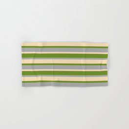 [ Thumbnail: Green, Dark Grey & Tan Stripes Pattern Hand & Bath Towel ]