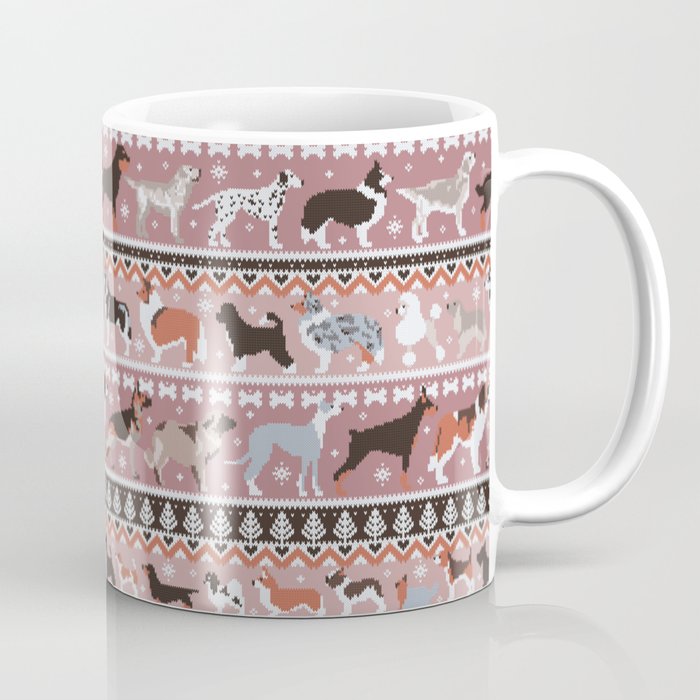Fluffy and bright fair isle knitting doggie friends // dry rose and careys pink background brown orange white and grey dog breeds  Coffee Mug