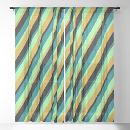 [ Thumbnail: Green, Goldenrod, Black, and Teal Colored Lined/Striped Pattern Sheer Curtain ]