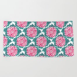 Multicolor Flower in White Pink and Green Beach Towel