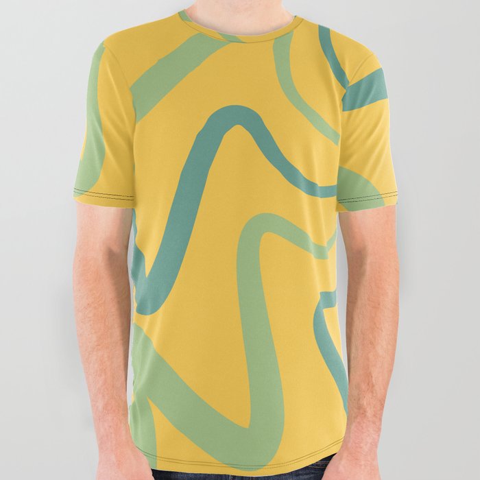 Mid Century Abstract Liquid Lines Pattern - Olivine and Polished Pine All Over Graphic Tee