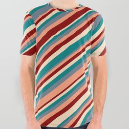 [ Thumbnail: Eye-catching Bisque, Teal, Slate Gray, Light Salmon & Dark Red Colored Stripes Pattern All Over Graphic Tee ]
