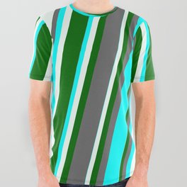 [ Thumbnail: Dim Grey, Cyan, Mint Cream & Dark Green Colored Stripes Pattern All Over Graphic Tee ]