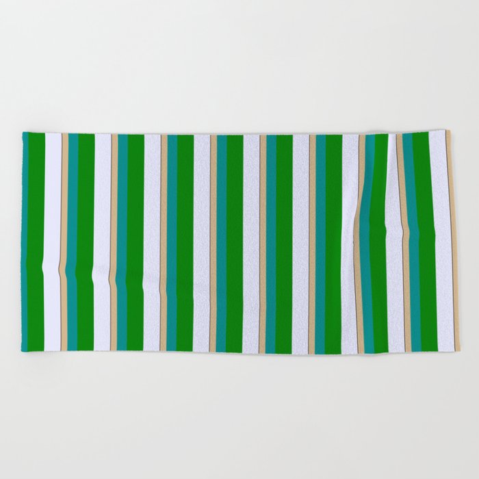 Vibrant Tan, Dark Cyan, Green, Lavender & Black Colored Striped/Lined Pattern Beach Towel