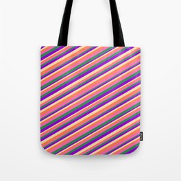 [ Thumbnail: Eyecatching Coral, Hot Pink, Sea Green, Dark Violet, and Tan Colored Pattern of Stripes Tote Bag ]