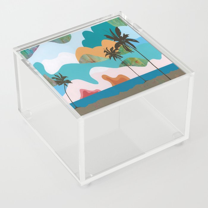 Tropical Abstract Landscape Painting, Colorful Sunset Sky, Palm Trees Acrylic Box