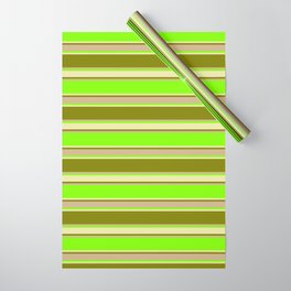 [ Thumbnail: Chartreuse, Pale Goldenrod, Green & Tan Colored Pattern of Stripes Wrapping Paper ]