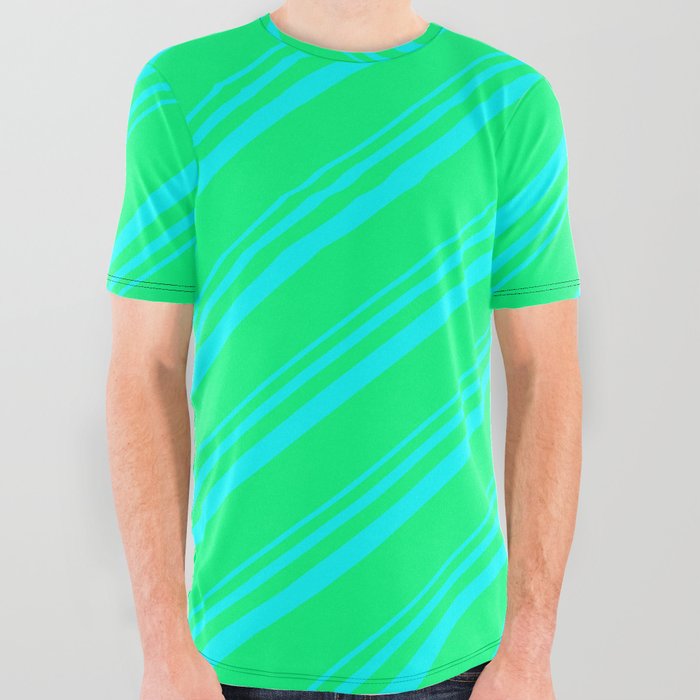 Aqua & Green Colored Lines Pattern All Over Graphic Tee