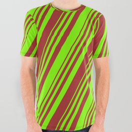 [ Thumbnail: Chartreuse and Brown Colored Stripes/Lines Pattern All Over Graphic Tee ]