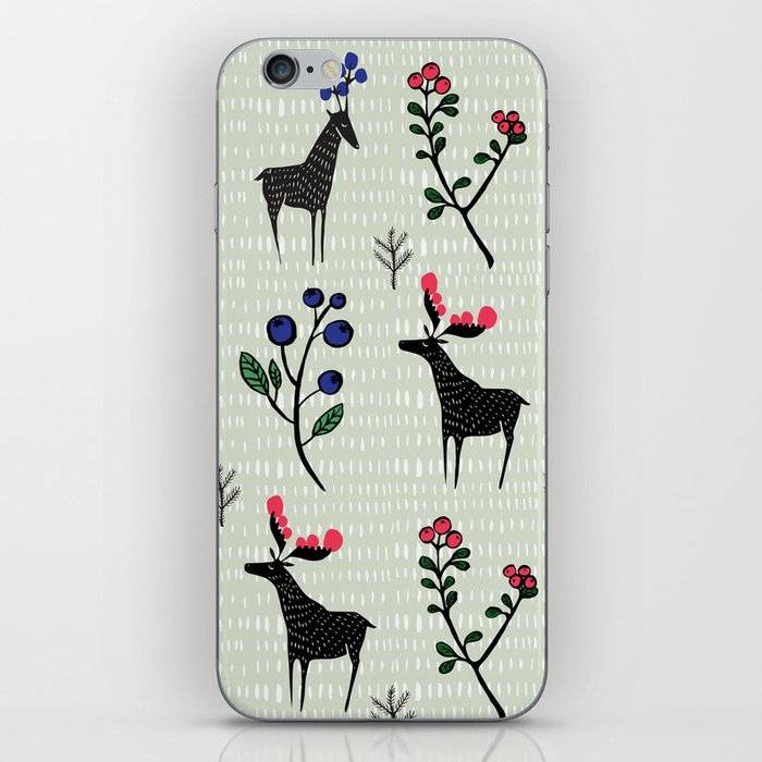 Berry loving deers on a green background iPhone Skin