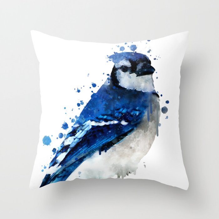 Watercolor blue jay bird Throw Pillow