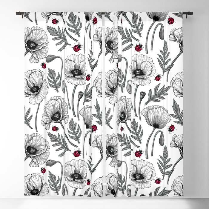 White poppies and ladybugs Blackout Curtain