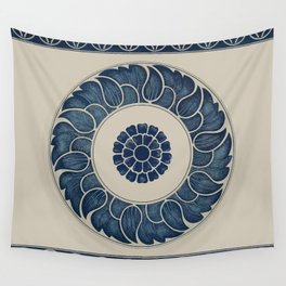 Chinoiserie Blue White Feather Wheel Wall Tapestry