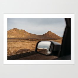 View of red mountains through a car window in north Iceland Art Print