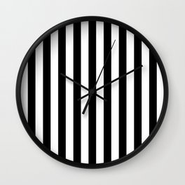 Midnight Black and White Vertical Beach Hut Stripes Wall Clock