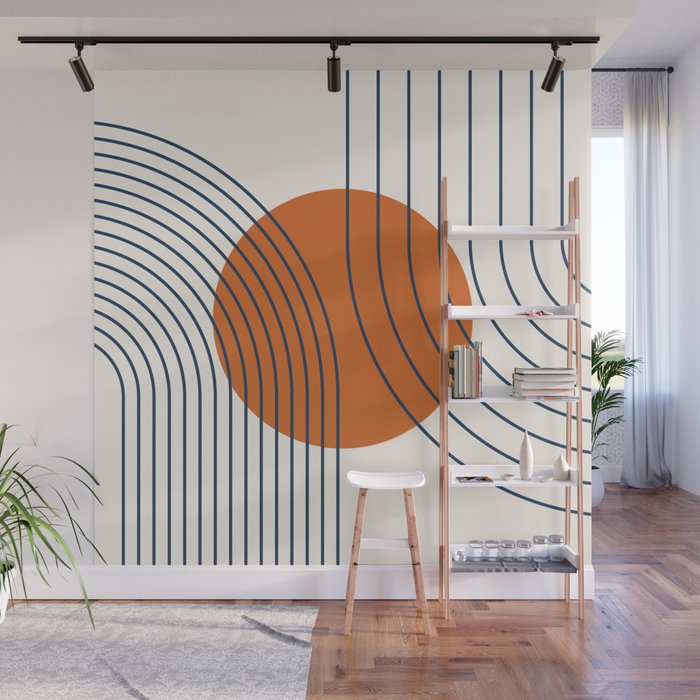 Geometric Lines in Sun Rainbow Abstract 4 in Navy Blue Orange Wall Mural