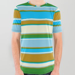 [ Thumbnail: Forest Green, Deep Sky Blue, Beige, Sky Blue, and Dark Goldenrod Colored Striped/Lined Pattern All Over Graphic Tee ]