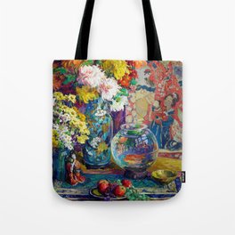 Gold Fish bowl, Fruits, Flowers, and Peonies still life portrait painting by Kathryn Evelyn Cherry Tote Bag | French, Province, Blossoms, Strawberries, Tuscany, Flowers, Stilllife, Victorian, Kitchen, Daisies 