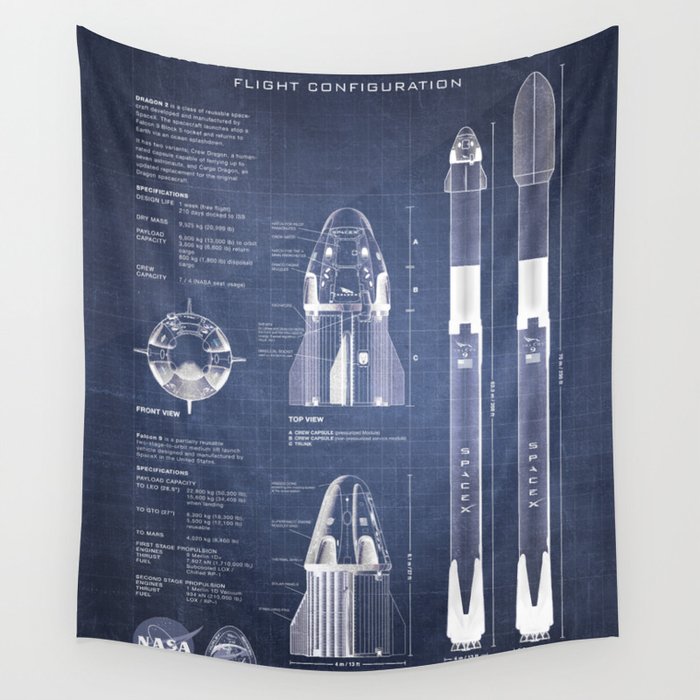 NASA SpaceX Crew Dragon Spacecraft & Falcon 9 Rocket Blueprint in High Resolution (dark blue) Wall Tapestry