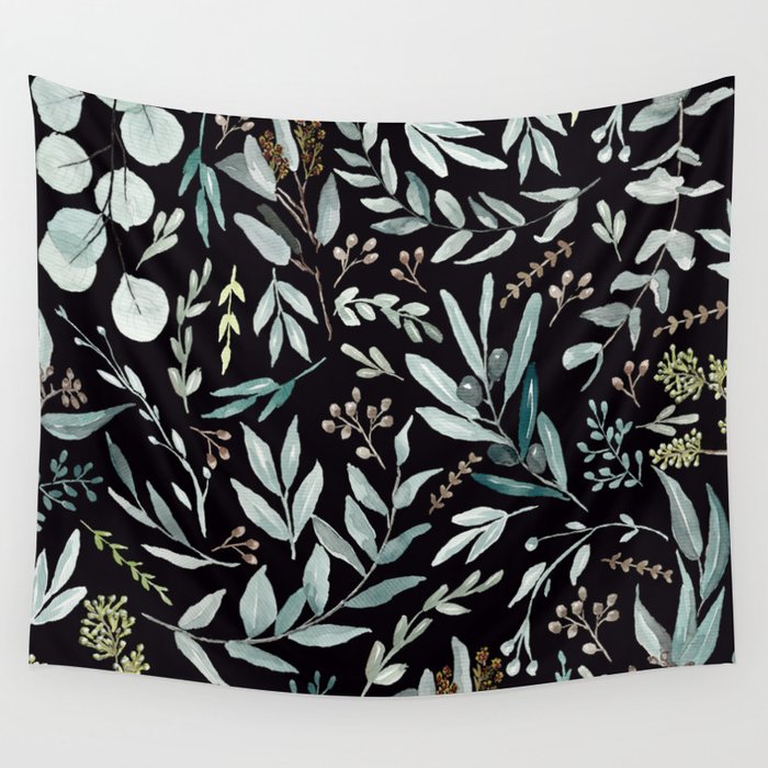 Black Eucalyptus Leaves Pattern Wall Tapestry
