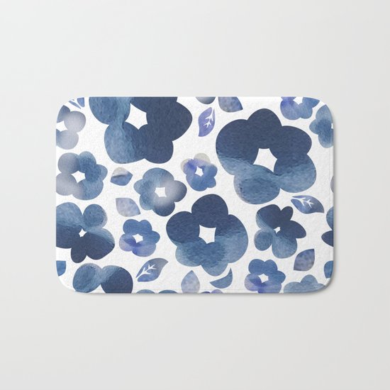 Blue Watercolour Flowers Bath Mat