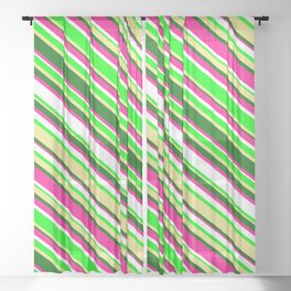 [ Thumbnail: Eye-catching Deep Pink, White, Lime, Tan & Dark Green Colored Lined/Striped Pattern Sheer Curtain ]