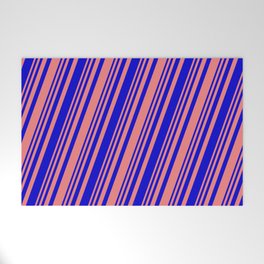 [ Thumbnail: Light Coral & Blue Colored Lines/Stripes Pattern Welcome Mat ]