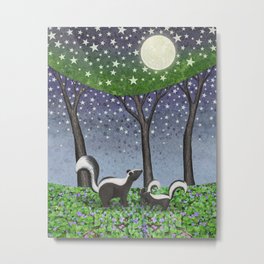 starlit striped skunks Metal Print | Skunks, Starry, Violets, Mixedmedia, Black, Illustration, Stripedskunks, Night, Greenery, Stars 