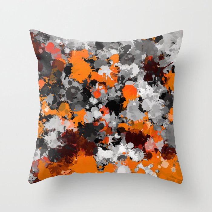Orange and Grey Paint Splatter Throw Pillow