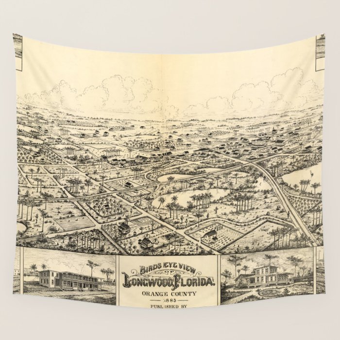 Vintage Pictorial Map of Longwood Florida (1885) Wall Tapestry by BravuraMedia Society6