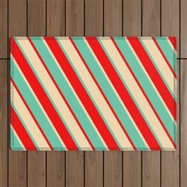 [ Thumbnail: Aquamarine, Red & Beige Colored Stripes Pattern Outdoor Rug ]