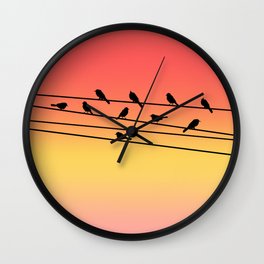 Birds on Power Lines Pink Sunset Gradient Wall Clock | Bird, Raven, Wire, Pink, Power, Birds, Graphicdesign, Peach, Sitting, Lines 
