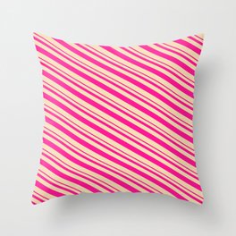 [ Thumbnail: Deep Pink and Tan Colored Lined/Striped Pattern Throw Pillow ]