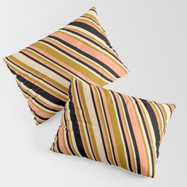 [ Thumbnail: Bisque, Dark Goldenrod, Light Salmon & Black Colored Stripes/Lines Pattern Pillow Sham ]