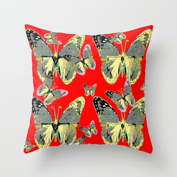 #2 CHARCOAL GREY WESTERN BUTTERFLIES ON RED Throw Pillow