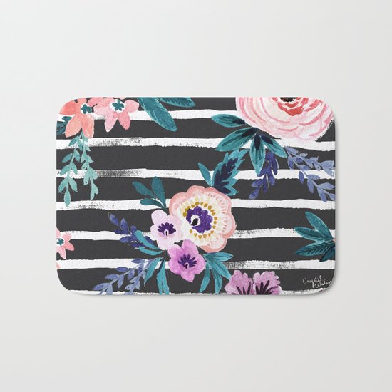 Victoria Floral Stripe Black Bath Mat